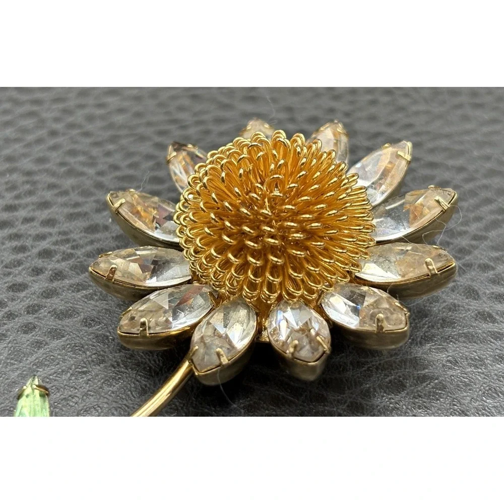 HUGE Vintage Daisy Flower Brooch Crystal Rhinestone Pin Gold Tone